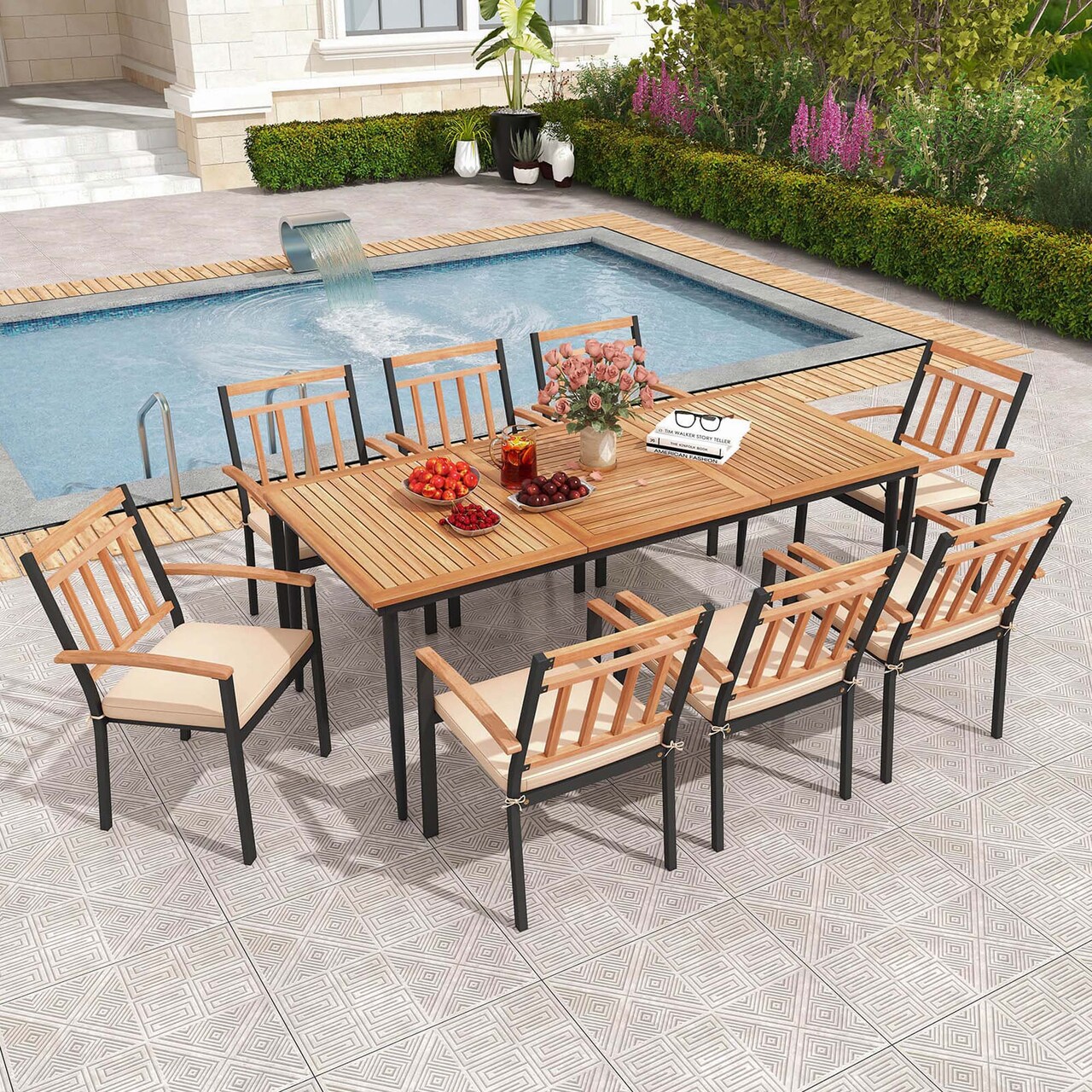Costway 9 PCS Patio Dining Set 79" Rectangle Dining Tables with 8 Wooden Armchairs